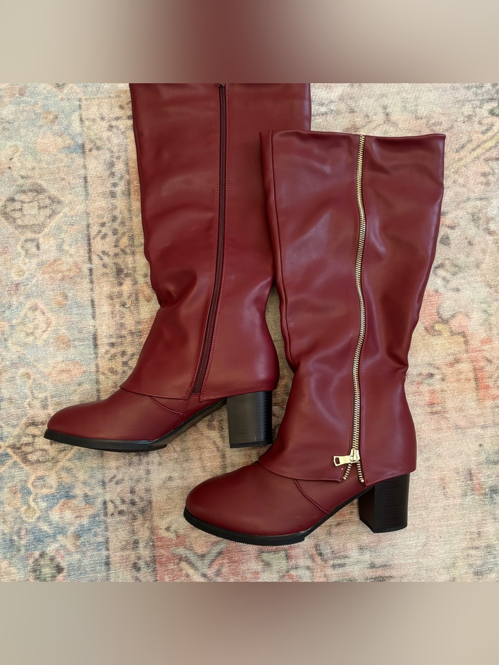 Tall red/burgundy faux leather boot with gold zipper - Picture 3 of 6